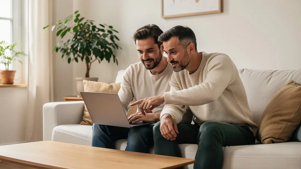 Couple consultant un écran d'ordinateur dans un salon pour comparer des offres de prêt