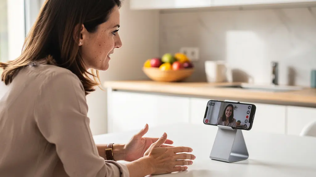 Femme en entretien vidéo avec un courtier sur son smartphone dans sa cuisine