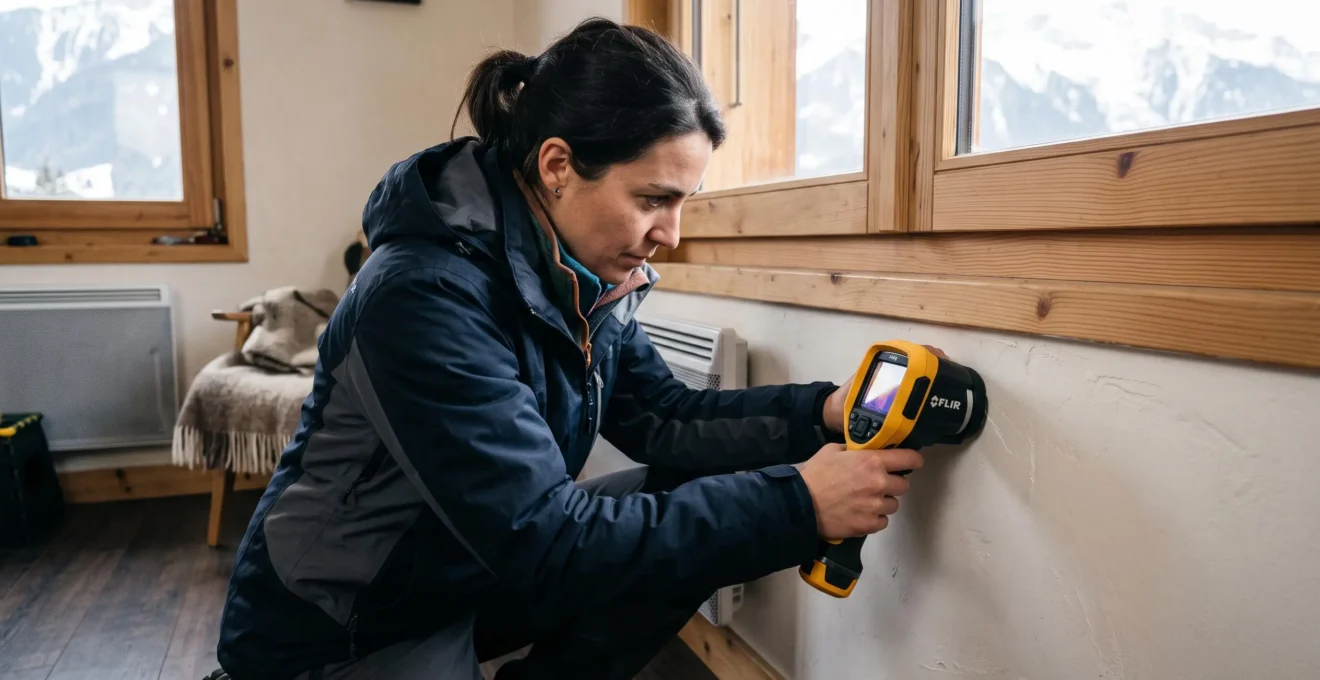 Diagnostiqueur immobilier certifié utilisant un appareil de mesure thermique contre le mur d'un appartement de montagne à Samoëns