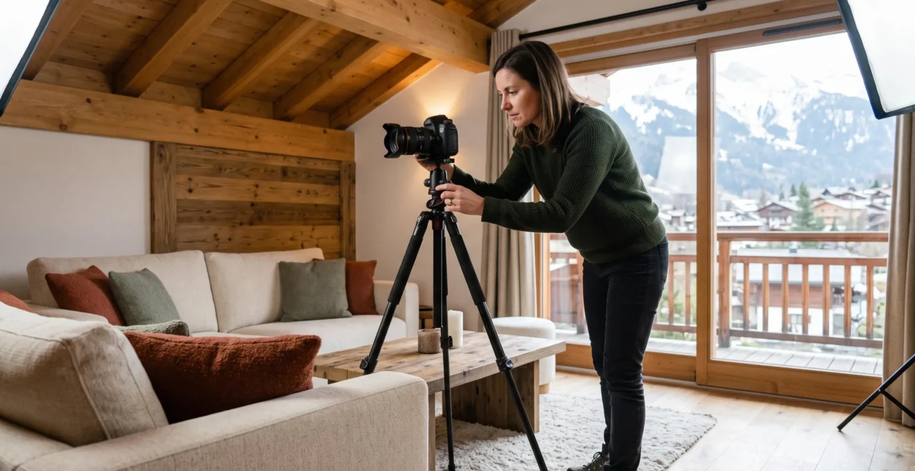 Photographe immobilier professionnel préparant une prise de vue d'un intérieur d'appartement décoré dans un style montagne à Samoëns