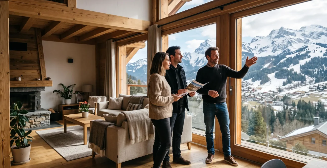 Agent immobilier faisant visiter un appartement lumineux avec vue sur les montagnes du Grand Massif à Samoëns à un couple d'acheteurs potentiels