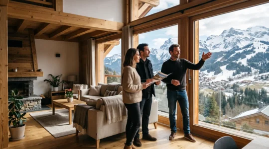 Agent immobilier faisant visiter un appartement lumineux avec vue sur les montagnes du Grand Massif à Samoëns à un couple d'acheteurs potentiels
